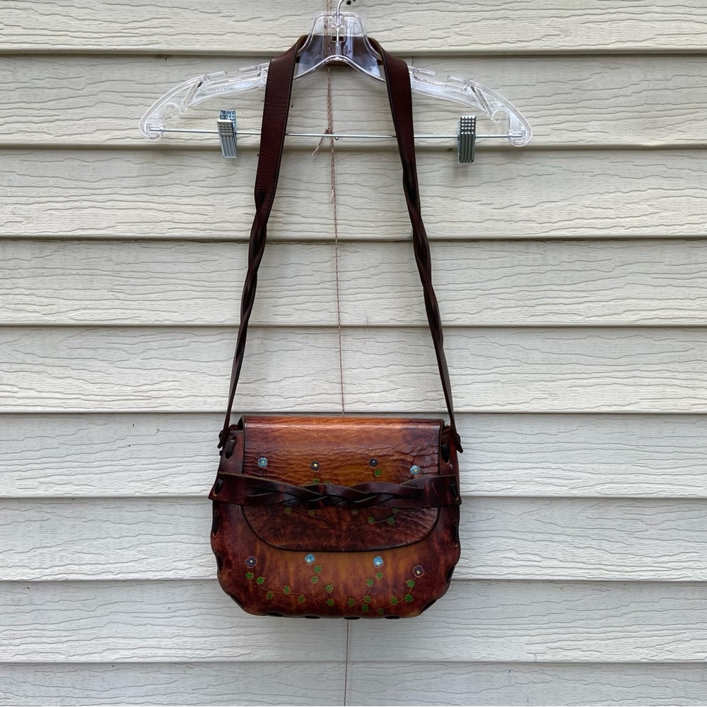 Flower Embossed Brown Leather Crossbody Bag with Braided Strap